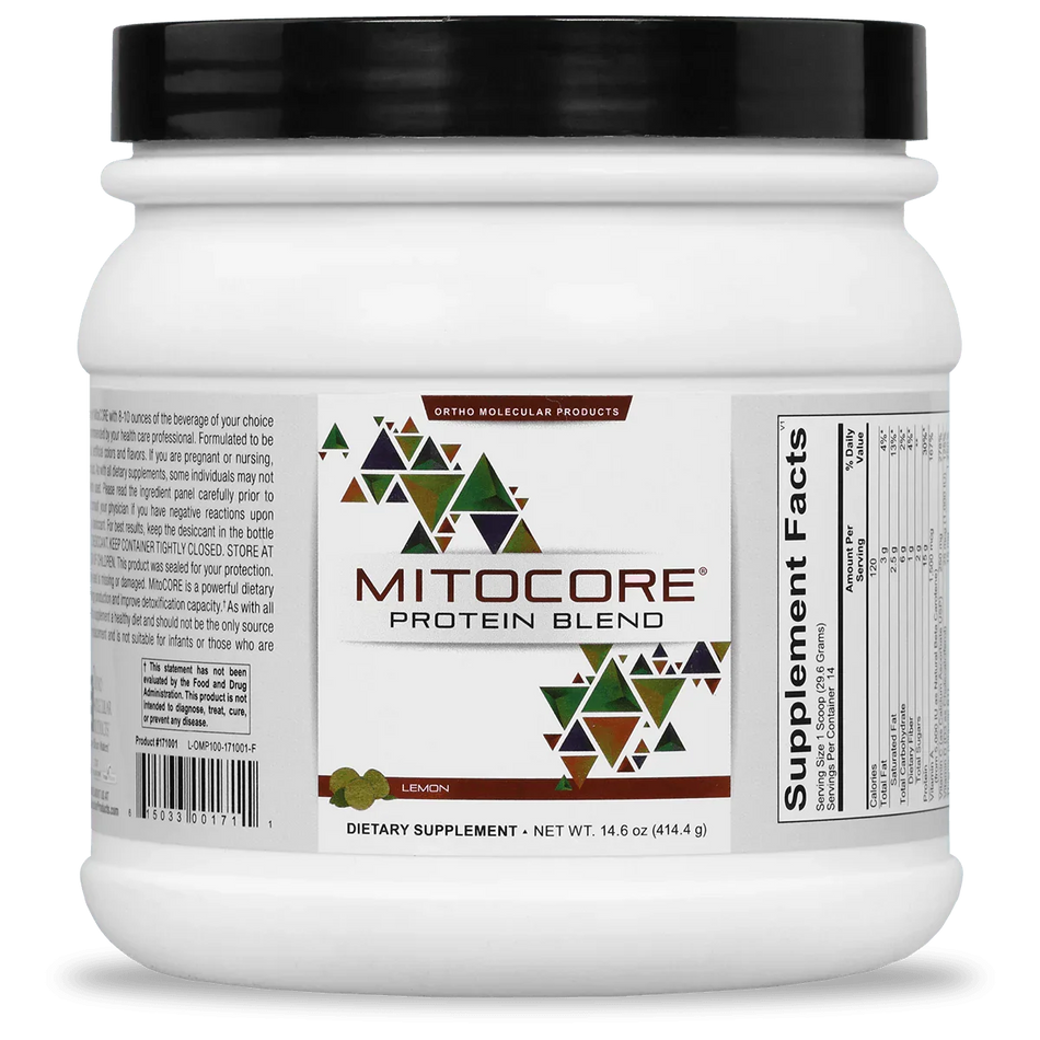 MitoCORE Protein Blend Lemon dietary supplement powder container with supplement facts label