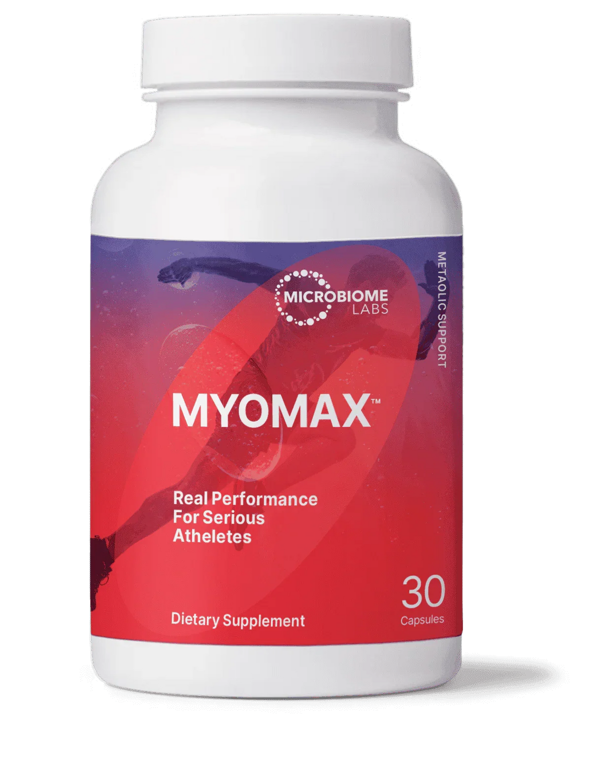 MyoMax dietary supplement bottle for athletes, 30 capsules, metabolic support