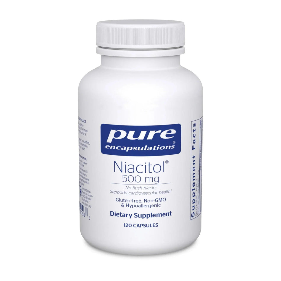 Pure Encapsulations Niacitol 500 mg dietary supplement bottle, 120 capsules