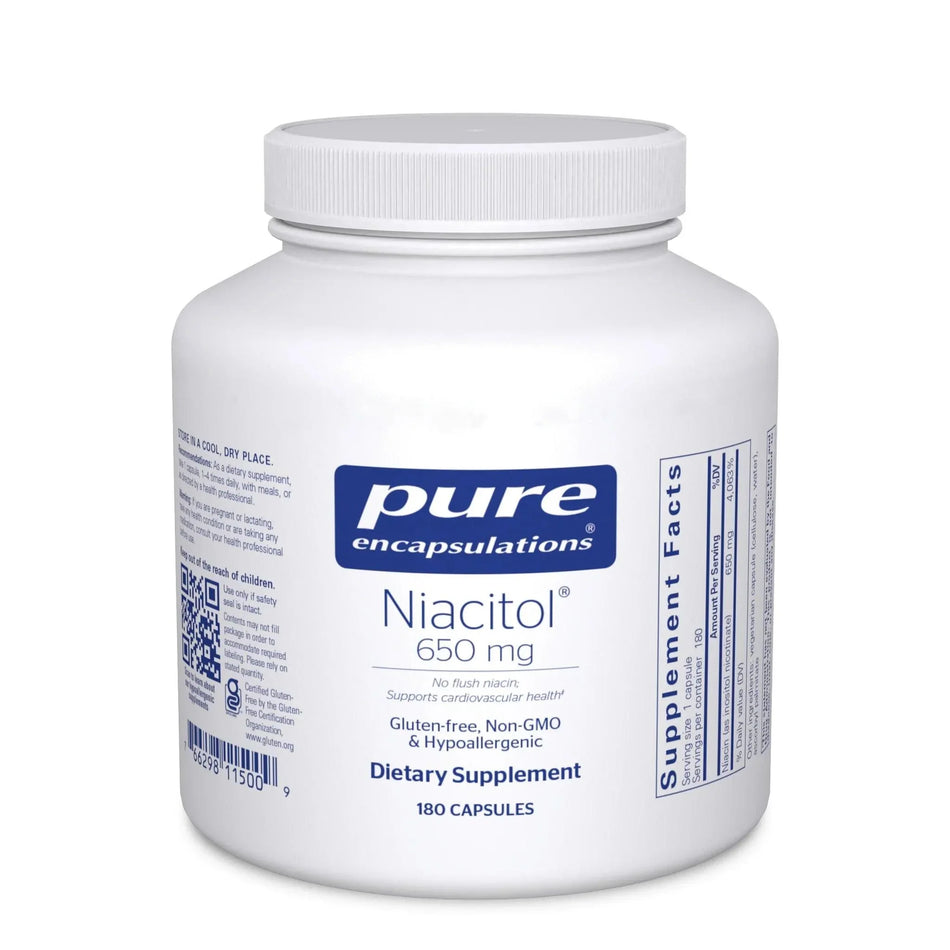 Pure Encapsulations Niacitol 650 mg dietary supplement bottle with 180 capsules