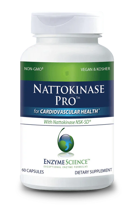 Nattokinase Pro dietary supplement bottle for cardiovascular health, 60 capsules, non-GMO, vegan