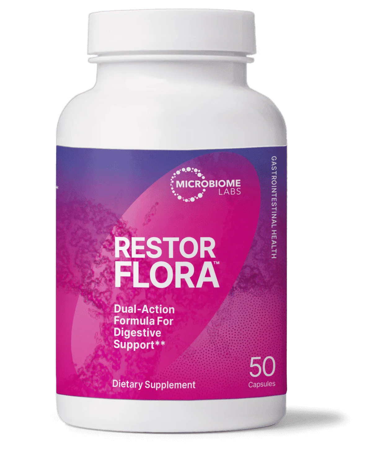 Restor Flora dietary supplement bottle for digestive and gastrointestinal health, 50 capsules