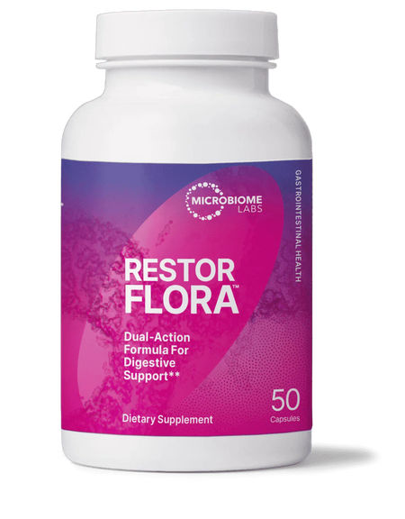 Restor Flora dietary supplement bottle for digestive and gastrointestinal health, 50 capsules