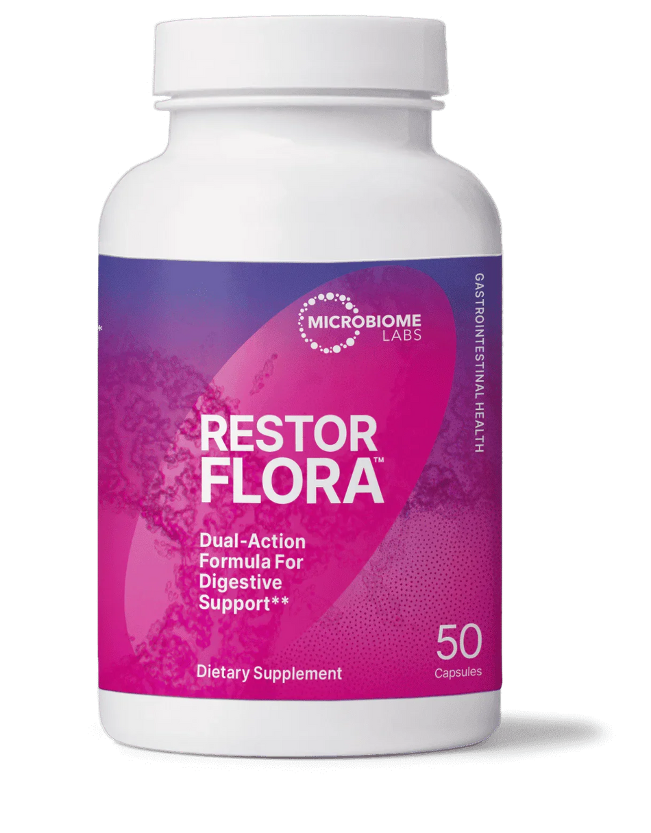 Restor Flora dietary supplement bottle for digestive and gastrointestinal health, 50 capsules