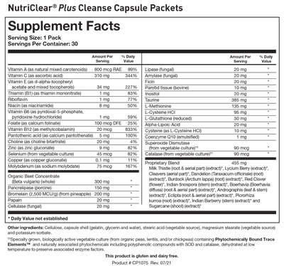 NutriClear Plus Cleanse Capsule Packets supplement facts nutrition label with daily values