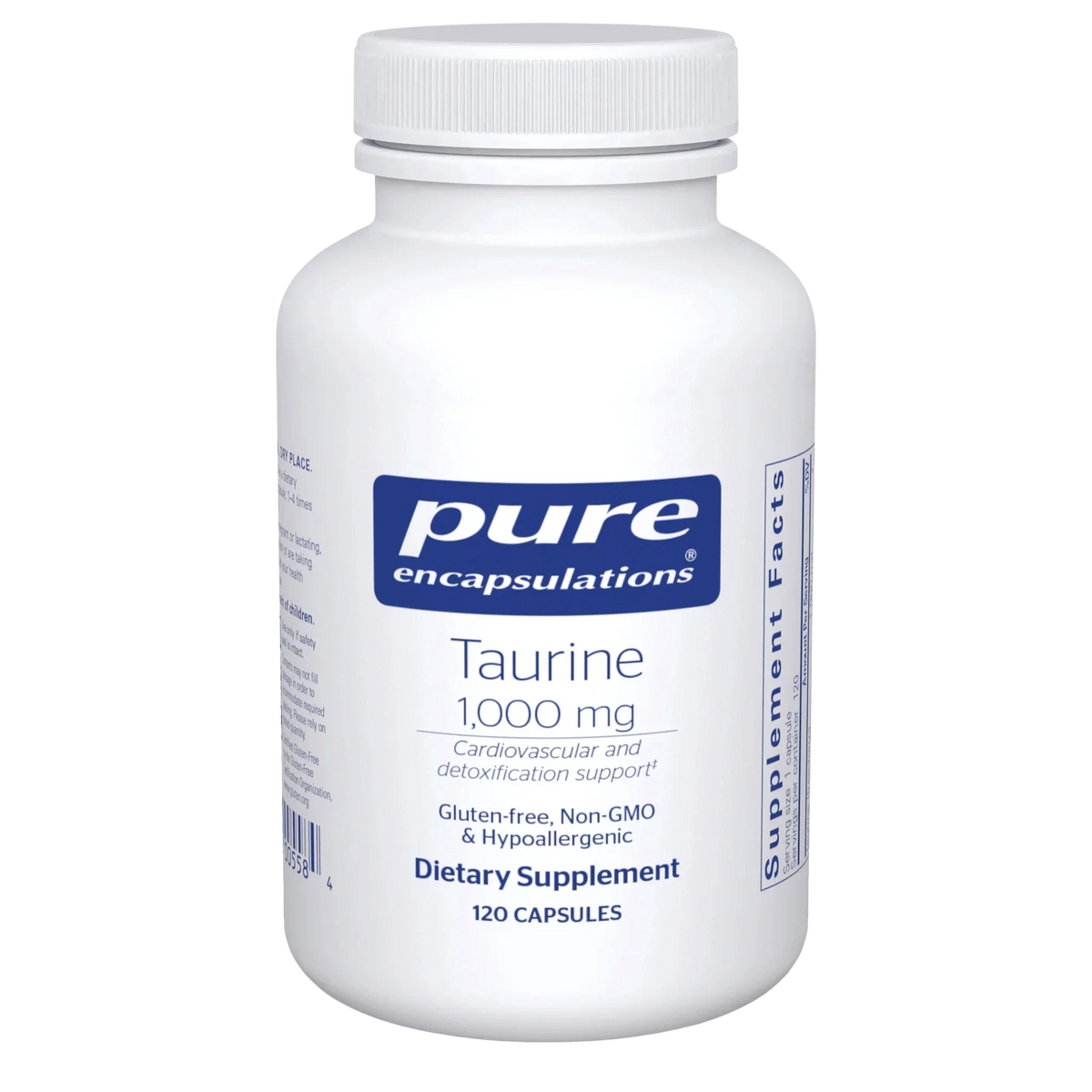 Pure Encapsulations Taurine 1000 mg dietary supplement bottle, 120 capsules, white label
