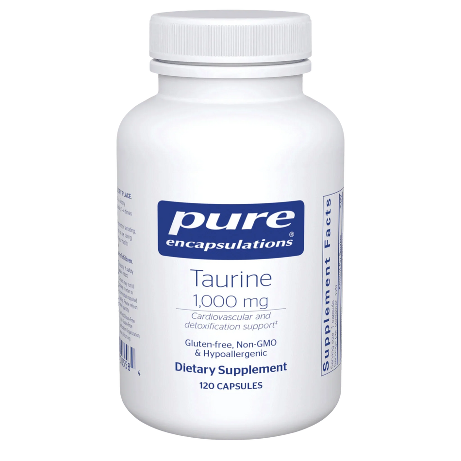 Pure Encapsulations Taurine 1000 mg dietary supplement bottle, 120 capsules, white label