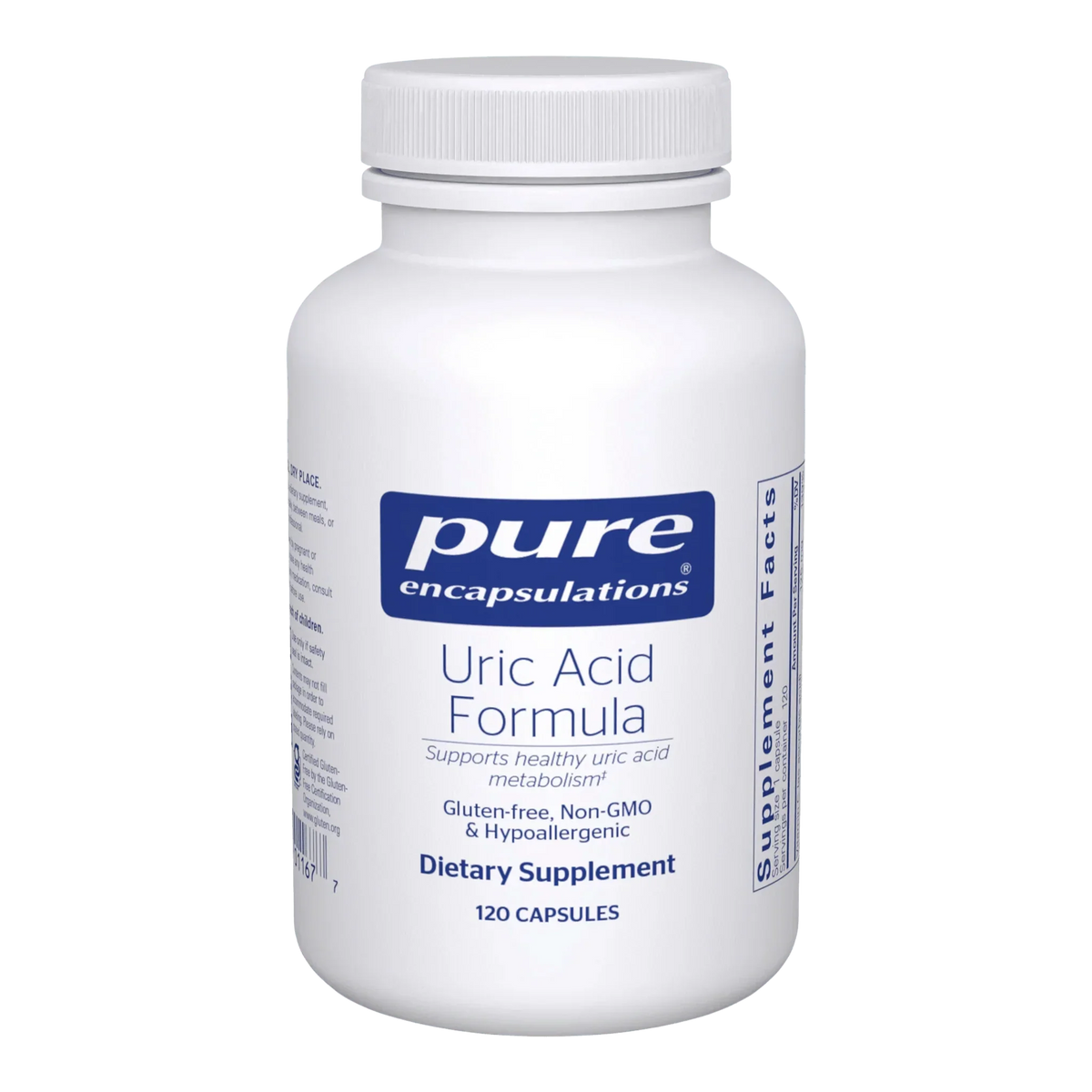 Pure Encapsulations Uric Acid Formula dietary supplement bottle, 120 capsules, gluten-free