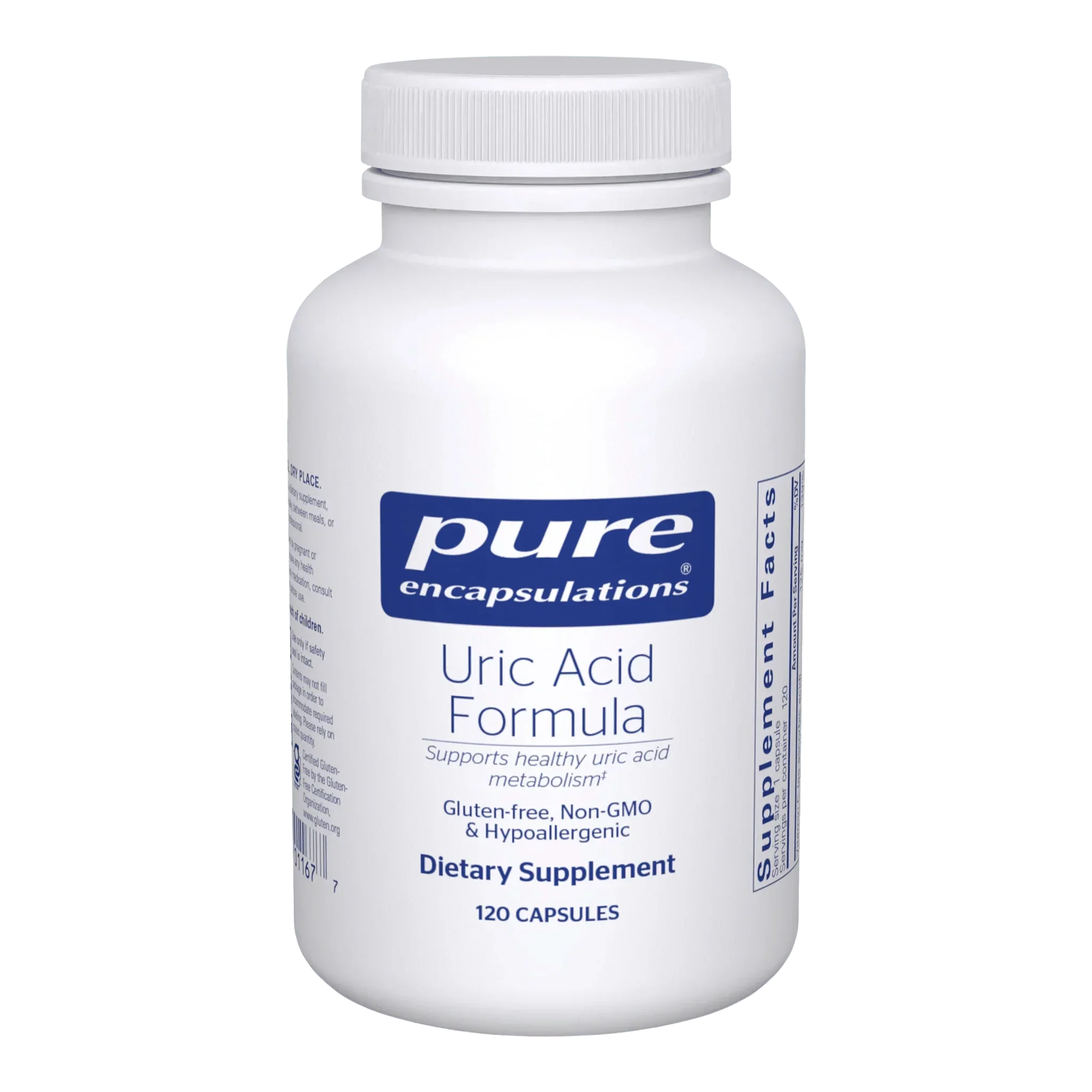 Pure Encapsulations Uric Acid Formula dietary supplement bottle, 120 capsules, gluten-free