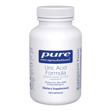Pure Encapsulations Uric Acid Formula dietary supplement bottle, 120 capsules, gluten-free