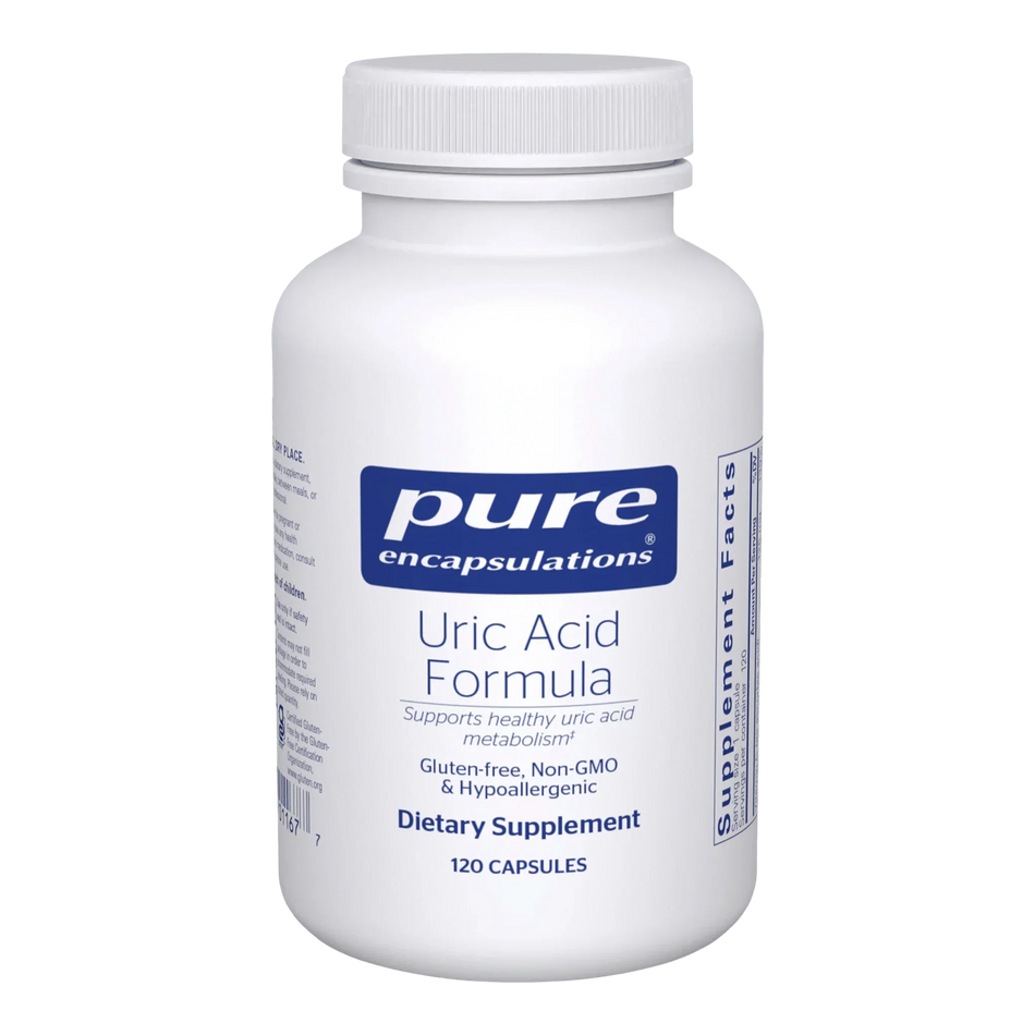 Pure Encapsulations Uric Acid Formula dietary supplement bottle, 120 capsules, gluten-free
