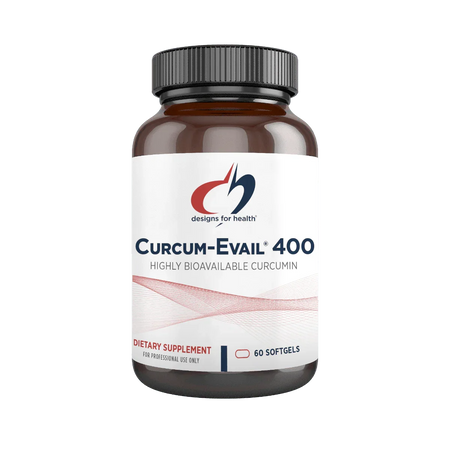 Curcum-Evail 400 dietary supplement bottle with 60 softgels, highly bioavailable curcumin