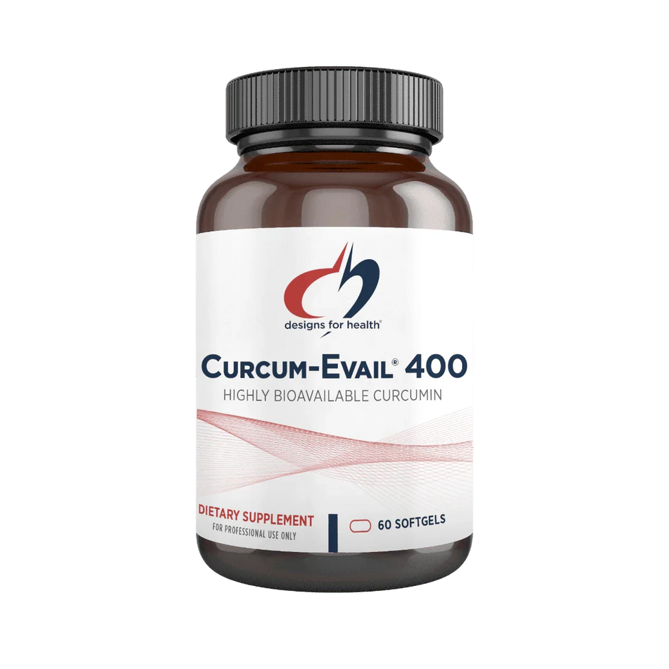 Curcum-Evail 400 dietary supplement bottle with 60 softgels, highly bioavailable curcumin