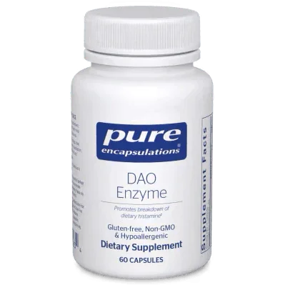 DAO Enzyme dietary supplement bottle, 60 capsules, gluten-free, non-GMO, hypoallergenic.