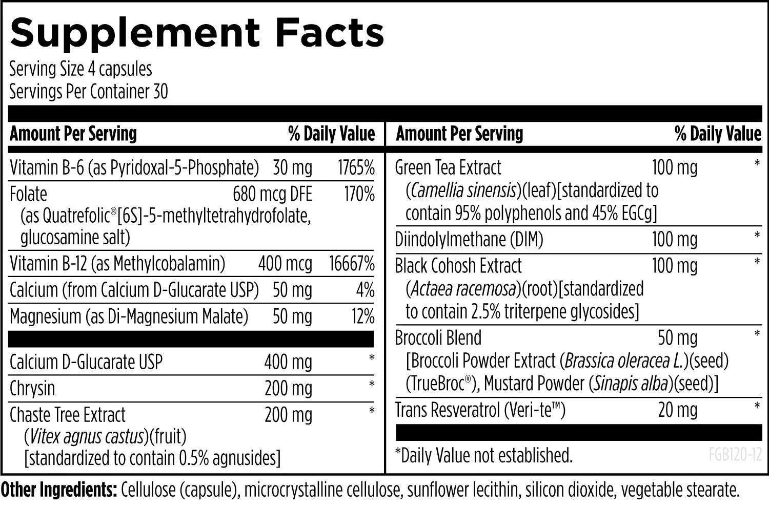 Supplement facts label listing vitamins, minerals, herbal extracts, and blend ingredients.
