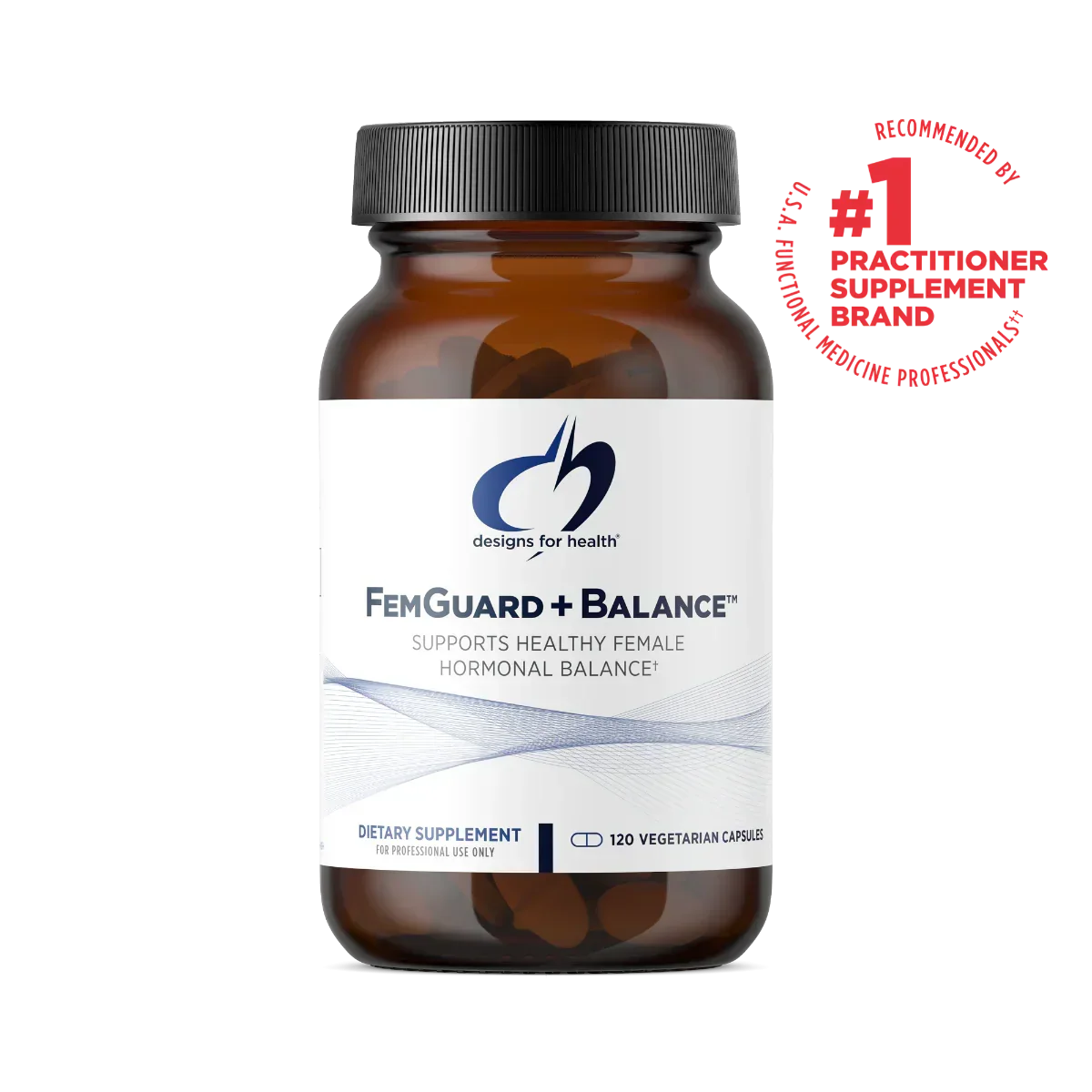 FemGuard + Balance dietary supplement bottle for female hormonal balance with #1 practitioner supplement badge
