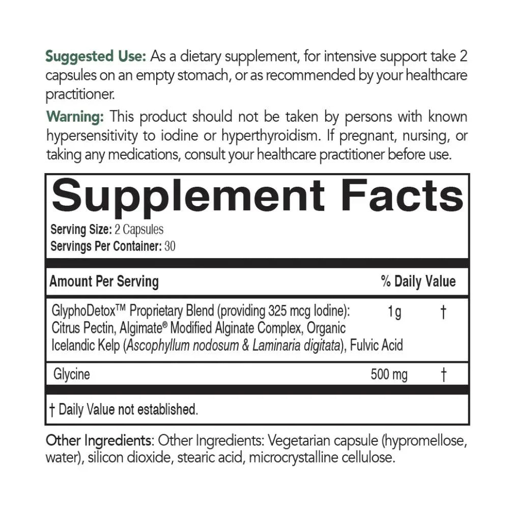 GlyphoDetox dietary supplement facts label detailing ingredients and recommended use