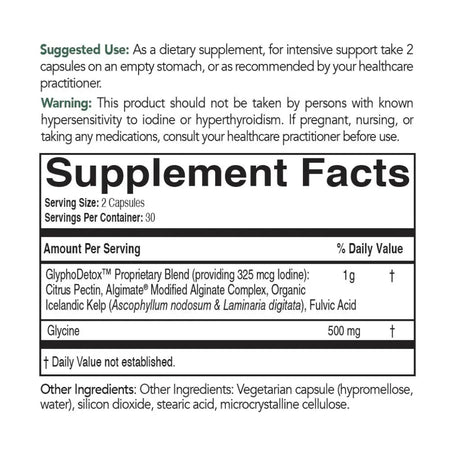 GlyphoDetox dietary supplement facts label detailing ingredients and recommended use
