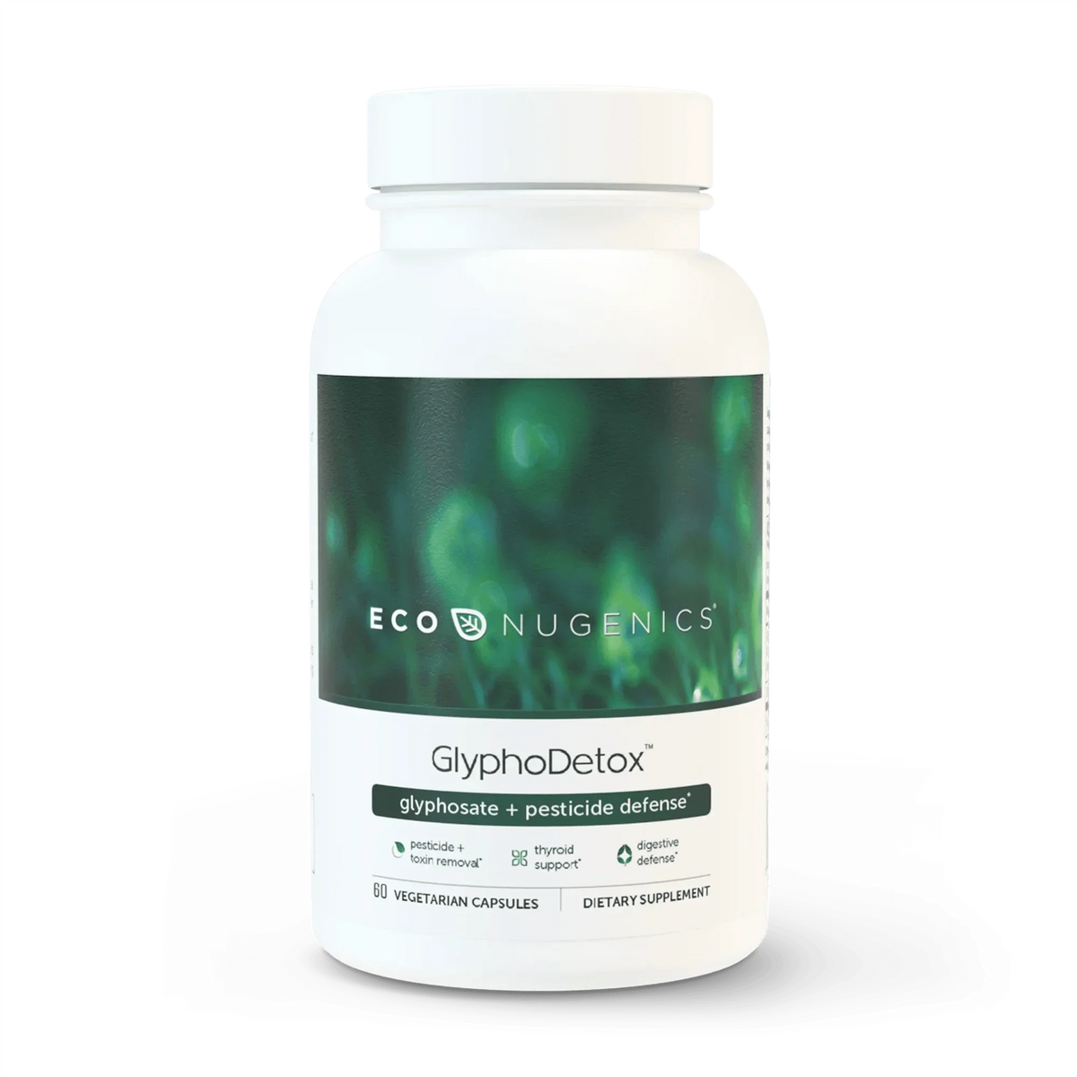 EcoNugenics GlyphoDetox dietary supplement bottle with green label, 60 capsules