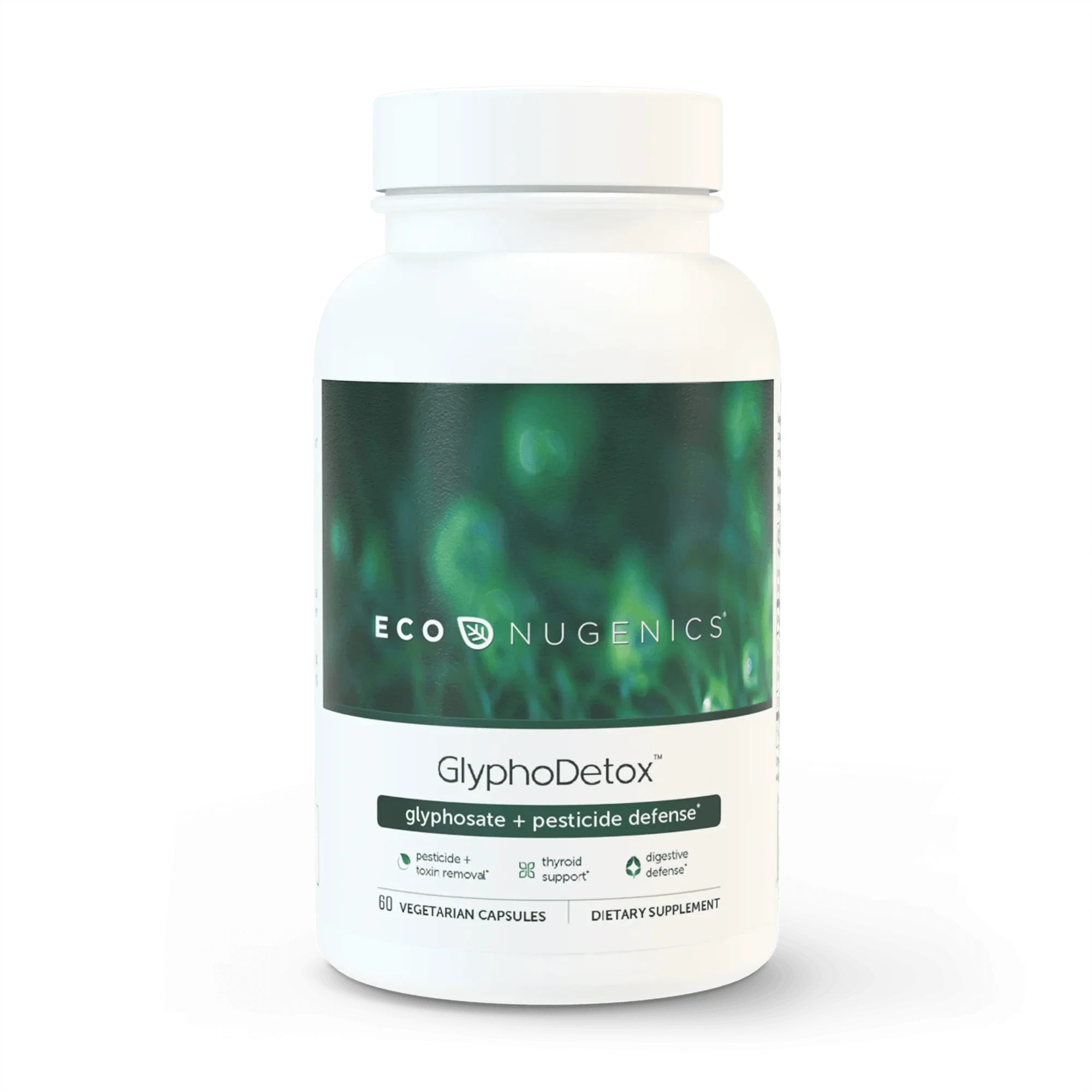 EcoNugenics GlyphoDetox dietary supplement bottle with green label, 60 capsules