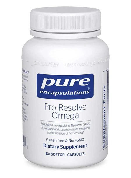 Pro-Resolve Omega dietary supplement bottle with 60 softgel capsules, gluten-free, non-GMO