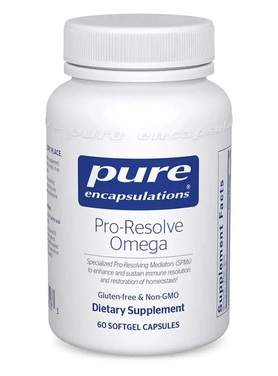 Pro-Resolve Omega dietary supplement bottle with 60 softgel capsules, gluten-free, non-GMO