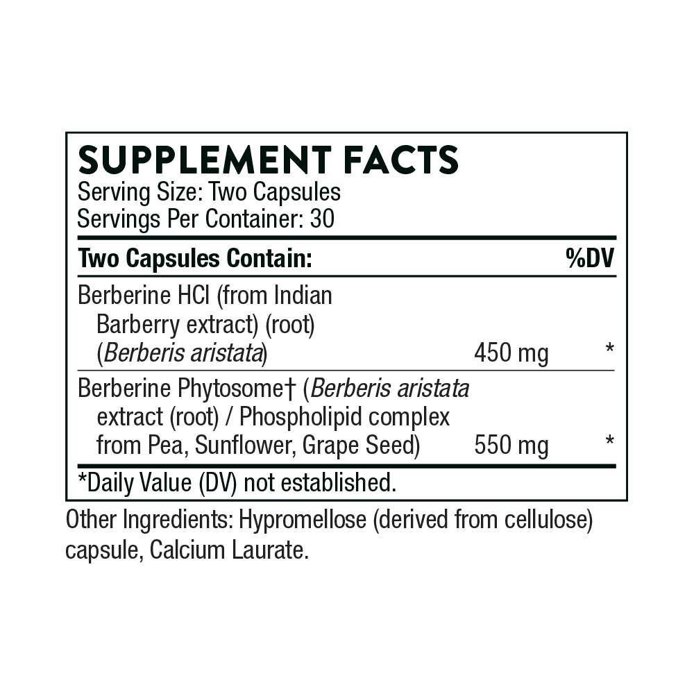 Supplement facts label for berberine capsules with barberry extract, phytosome, natural ingredients.