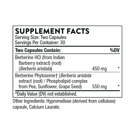 Supplement facts label for berberine capsules with barberry extract, phytosome, natural ingredients.