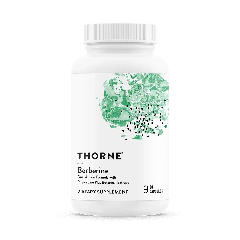 Thorne Berberine dietary supplement bottle, 60 capsules, white label, green abstract design