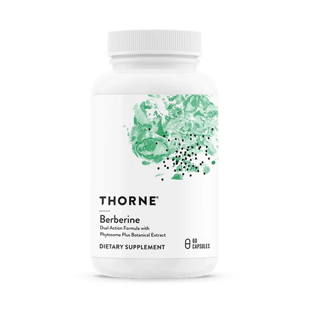 Thorne Berberine dietary supplement bottle, 60 capsules, white label, green abstract design