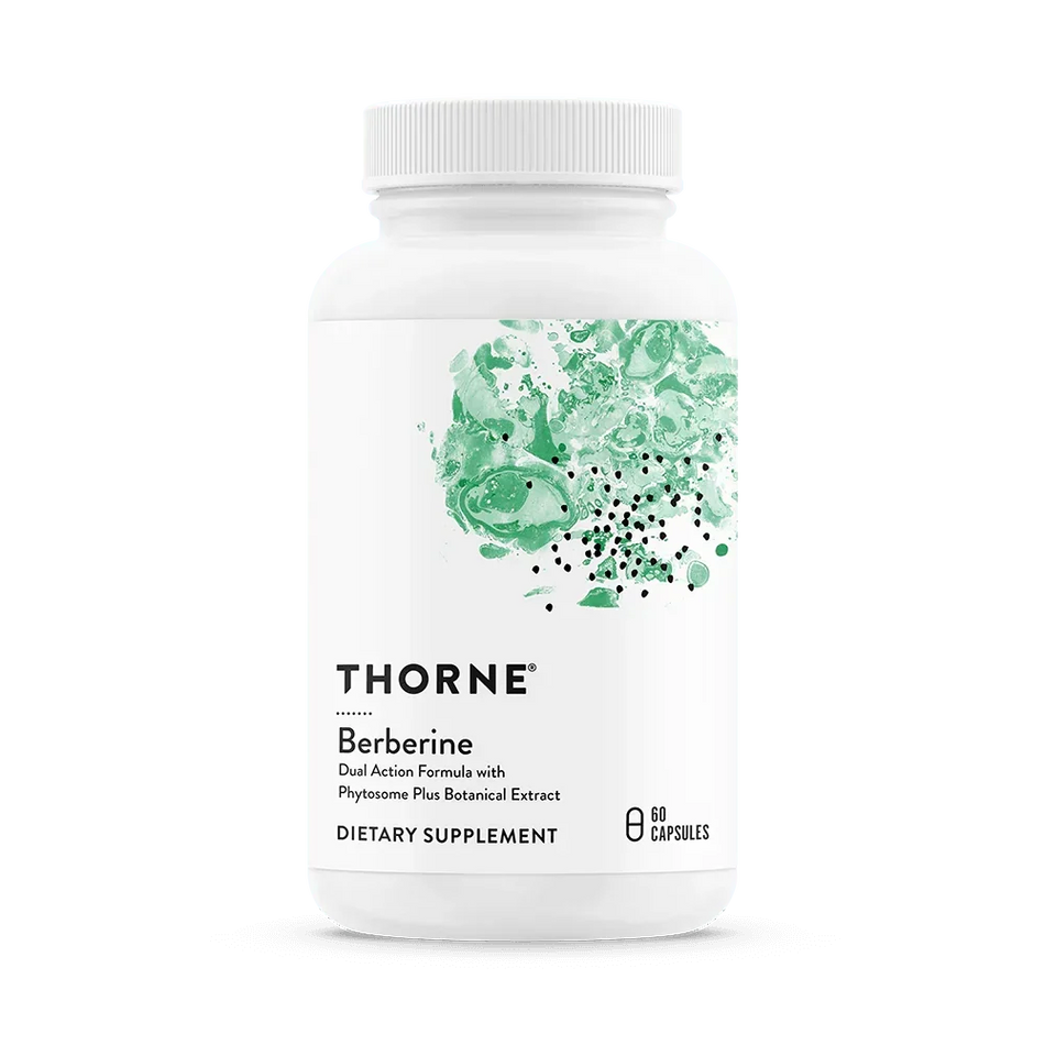 Thorne Berberine dietary supplement bottle, 60 capsules, white label, green abstract design