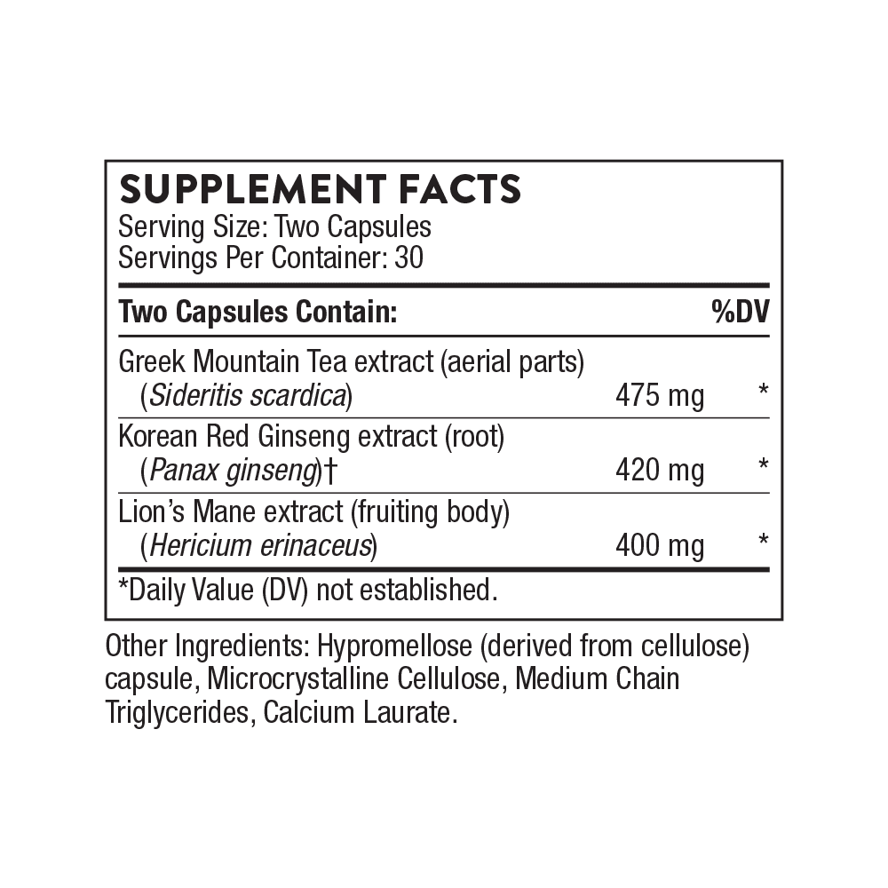 Supplement facts label showing Greek Mountain tea, Korean red ginseng, and lion’s mane extracts.