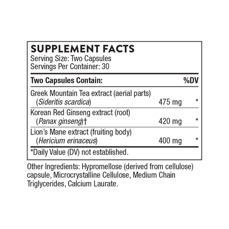 Supplement facts label showing Greek Mountain tea, Korean red ginseng, and lion’s mane extracts.