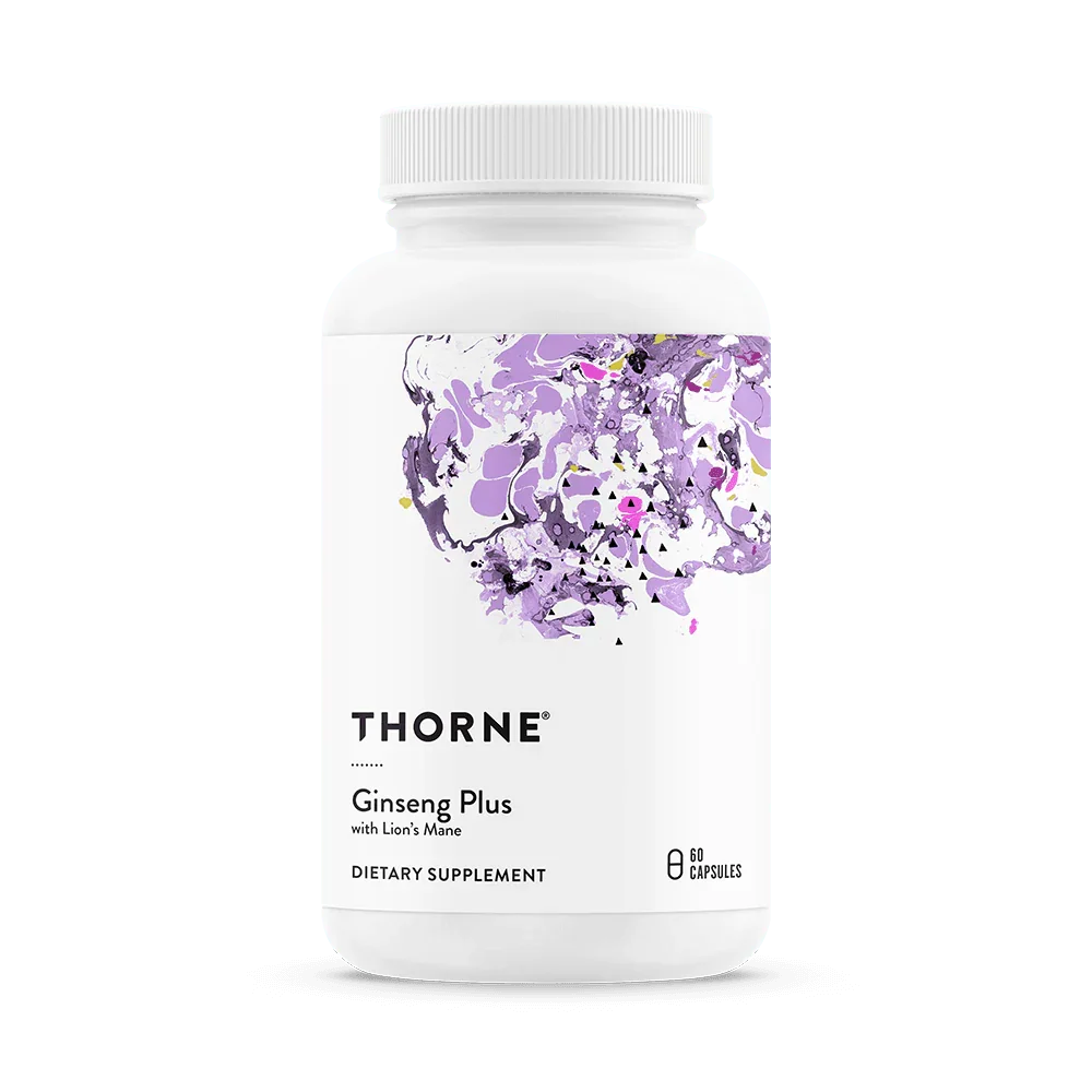 Thorne Ginseng Plus with Lion’s Mane supplement bottle, 60 capsules, white label, purple abstract design