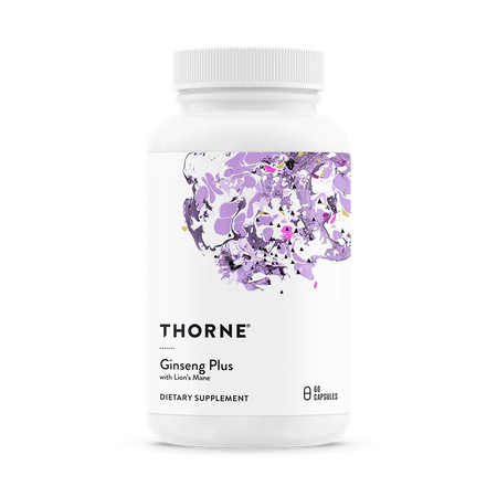 Thorne Ginseng Plus with Lion’s Mane supplement bottle, 60 capsules, white label, purple abstract design
