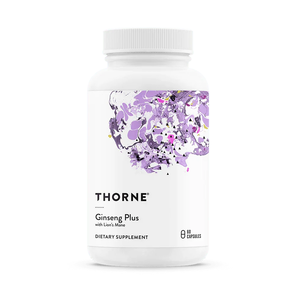 Thorne Ginseng Plus with Lion’s Mane supplement bottle, 60 capsules, white label, purple abstract design