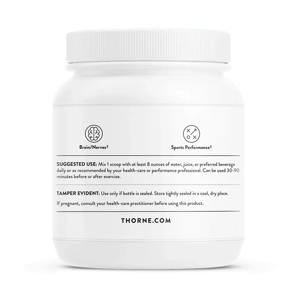 White supplement container labeled Thorne, showing directions for brain, nerves, and sports performance.