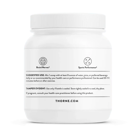 White supplement container labeled Thorne, showing directions for brain, nerves, and sports performance.