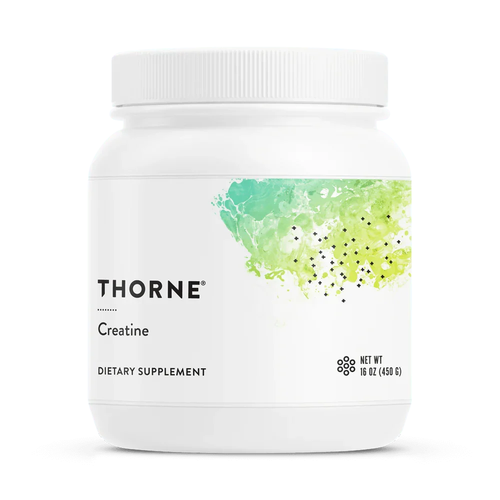 Thorne Creatine dietary supplement container, 16oz, white with green abstract design