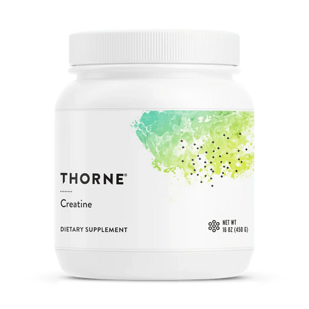 Thorne Creatine dietary supplement container, 16oz, white with green abstract design