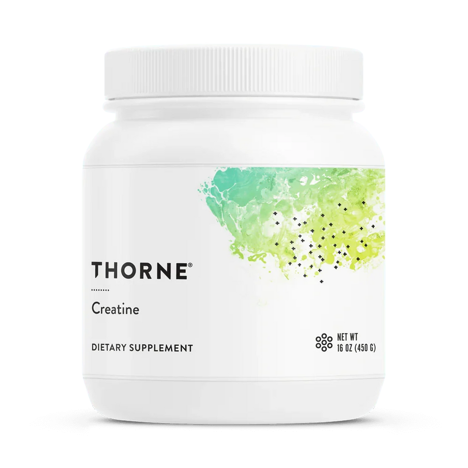 Thorne Creatine dietary supplement container, 16oz, white with green abstract design