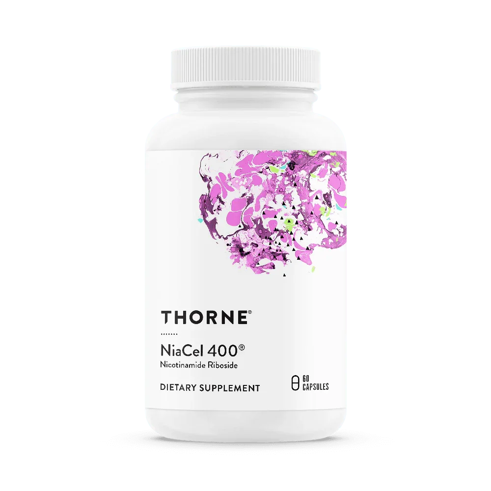 Thorne NiaCel 400 nicotinamide riboside dietary supplement bottle, 60 capsules
