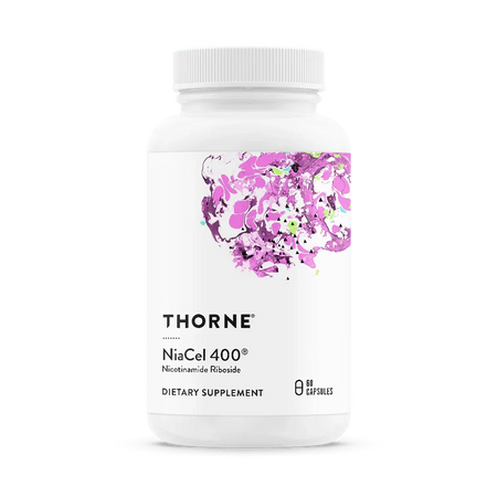 Thorne NiaCel 400 nicotinamide riboside dietary supplement bottle, 60 capsules