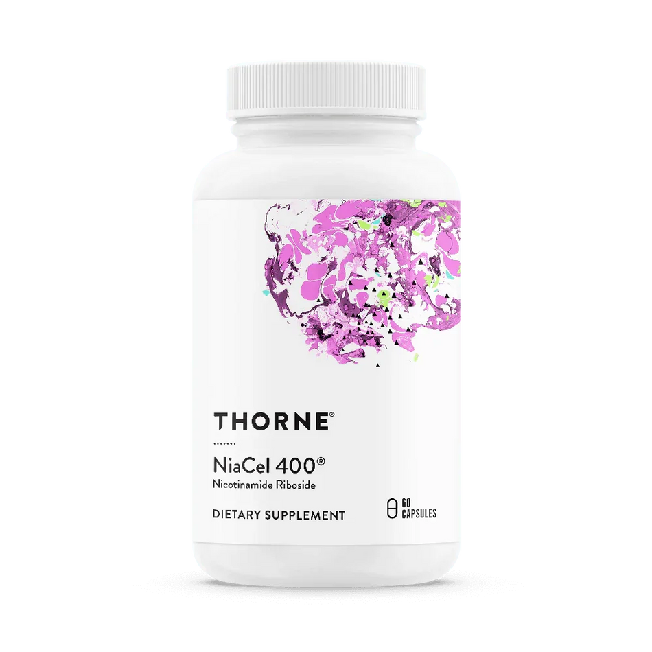 Thorne NiaCel 400 nicotinamide riboside dietary supplement bottle, 60 capsules