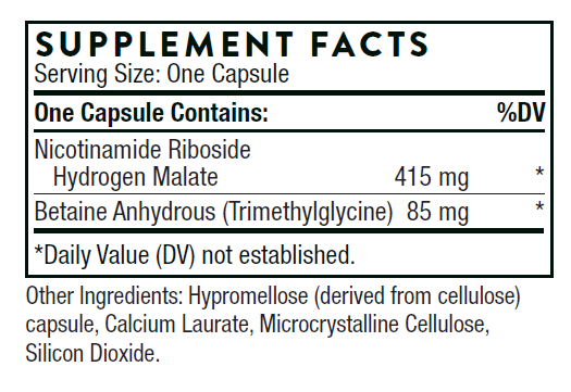 Supplement Facts label for capsule with nicotinamide riboside, betaine anhydrous, and hydrogen malate