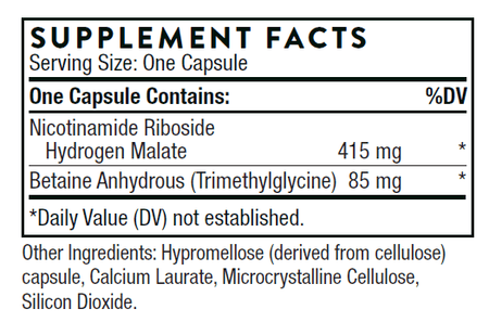 Supplement Facts label for capsule with nicotinamide riboside, betaine anhydrous, and hydrogen malate