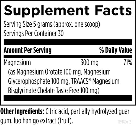 Magnesium supplement facts label with ingredients and daily value per serving.