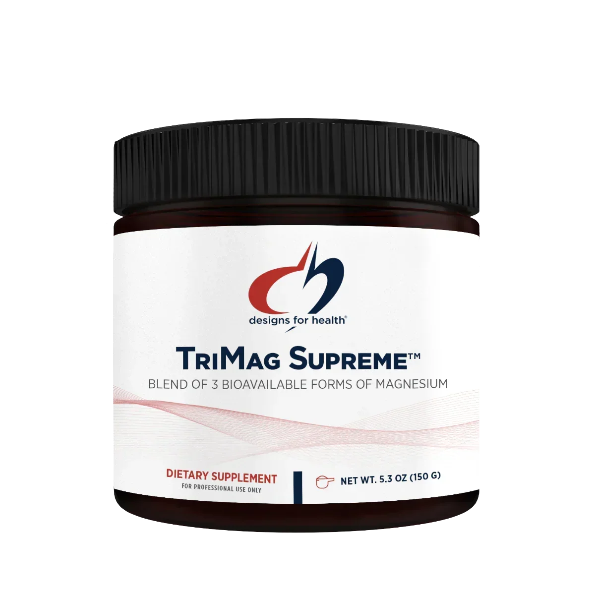 TriMag Supreme magnesium supplement powder in a dark jar with a black lid.