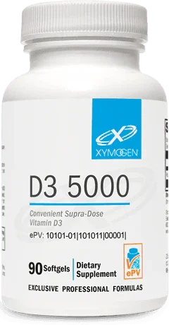 White bottle of D3 5000 vitamin D3 supplement, 90 softgels, dietary supplement label visible