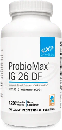 ProbioMax IG 26 DF 120 vegetarian capsules dietary supplement bottle, gut health support